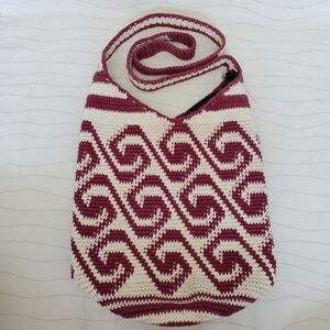 Crocheted Crossbody Shoulder Bucket Bag Maroon Cream Hobo Hippie Boho Handmade